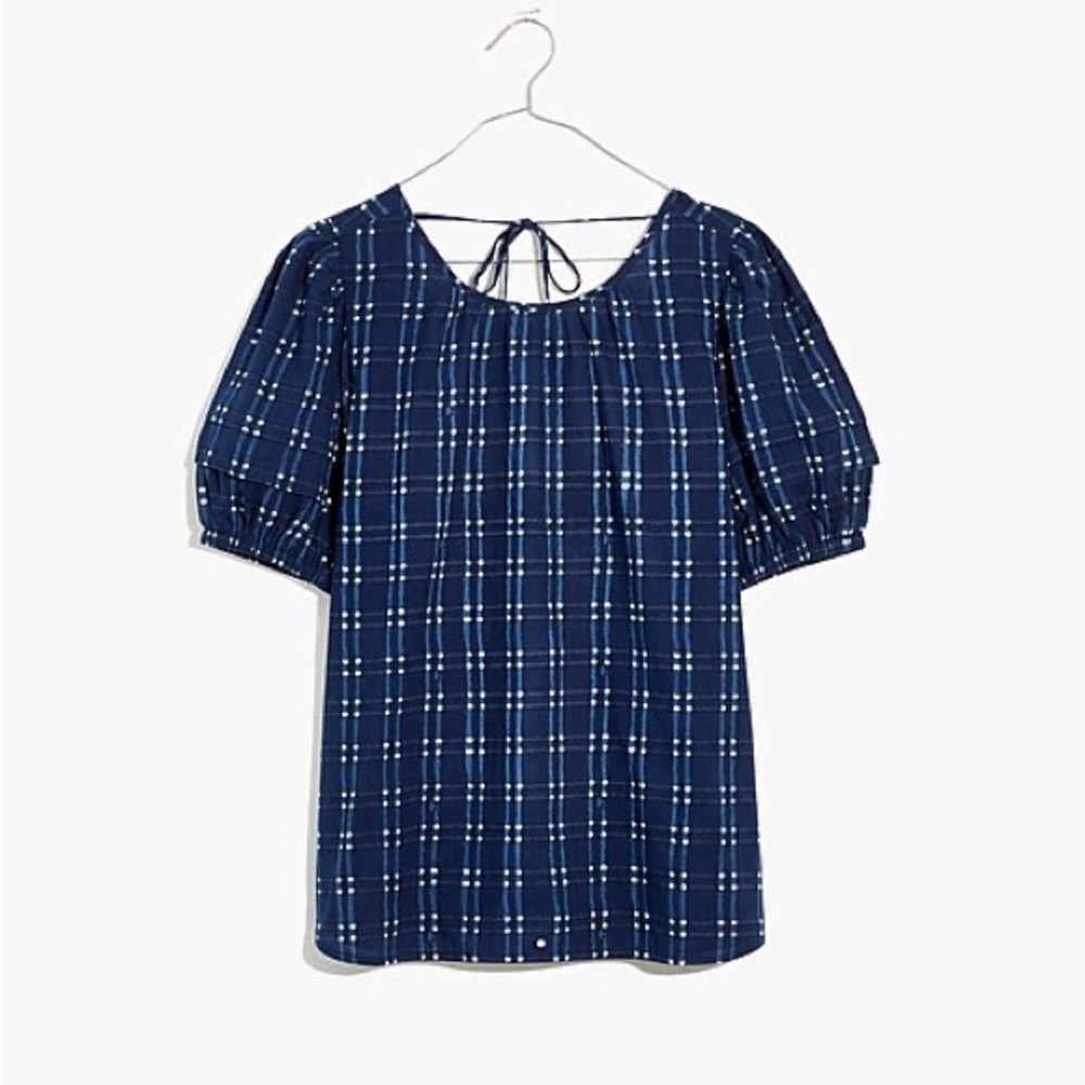 🆕 NWT - MADEWELL - Shibori Plaid Puff sleeve top Blue - S